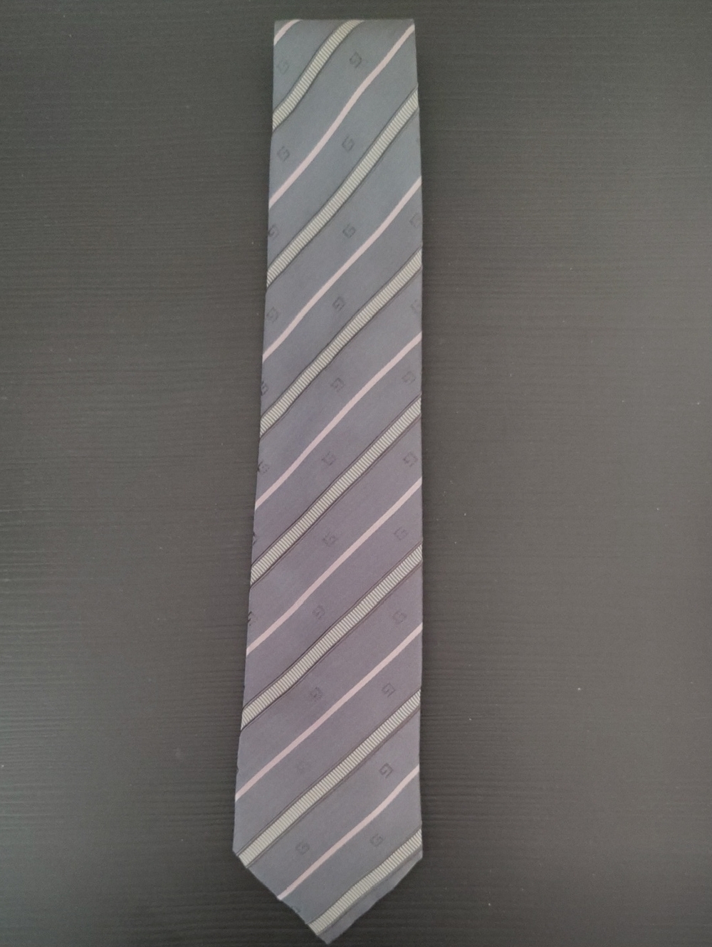 Gucci Gray Stripe Silk Tie with Subtle Pink Accents